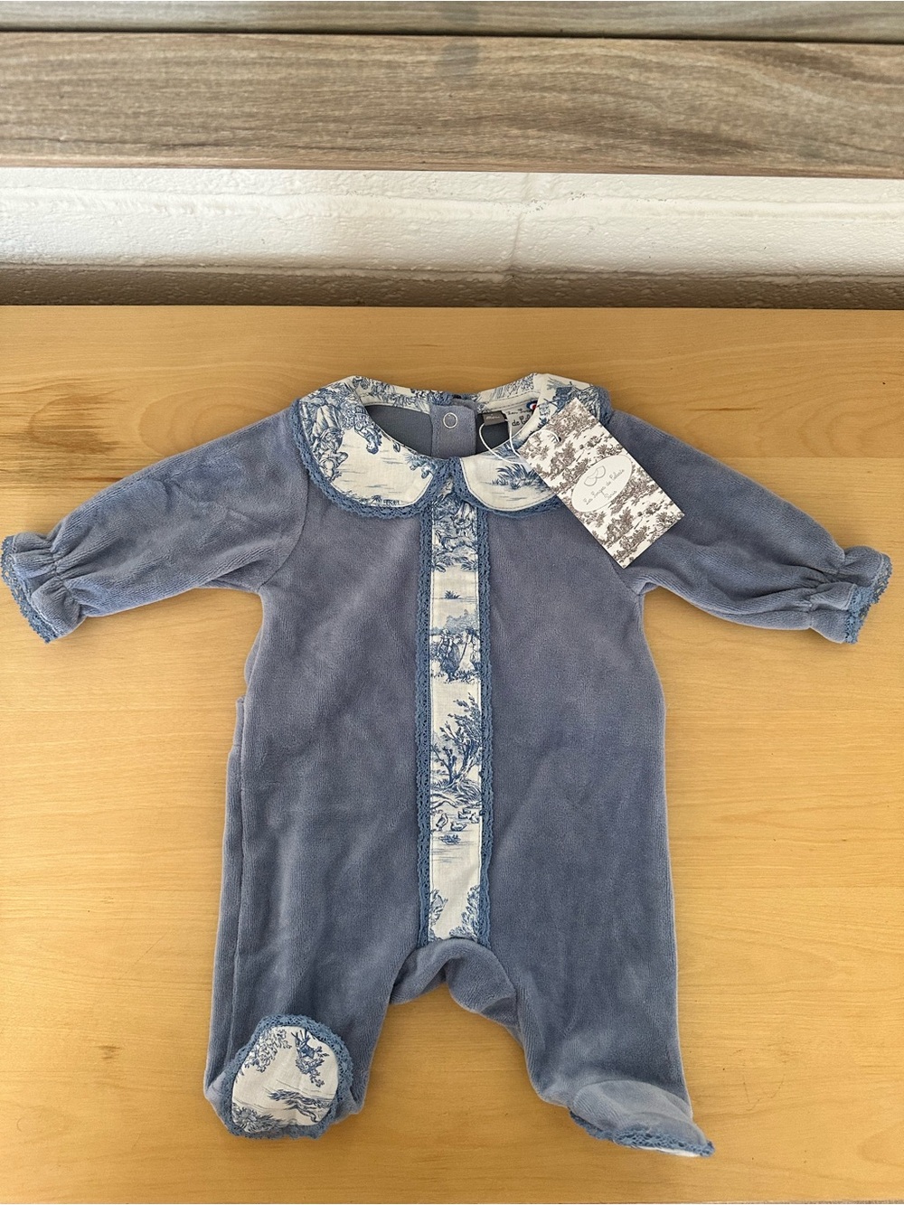 Les Longes de Celeste Blue Terry Baby One-Piece with Toile Trim
